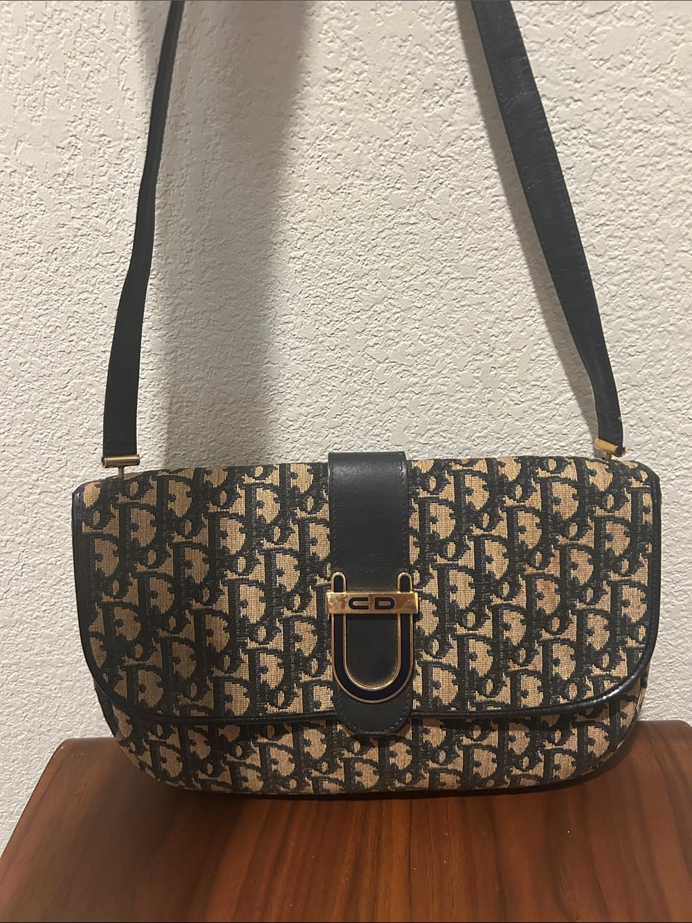 Christian Dior Navy Beige Oblique Trotter Flap Shoulder Bag